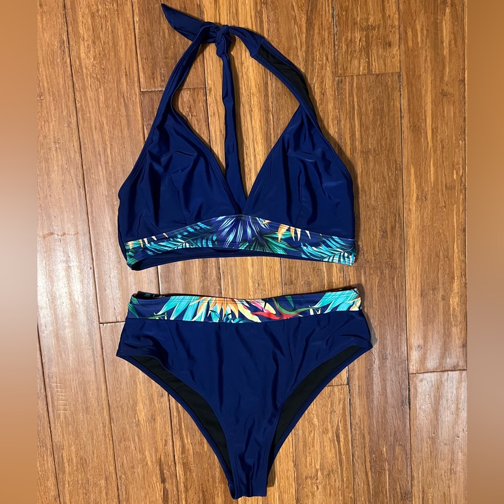 Shein Tropical Blue Halter Bikini Set